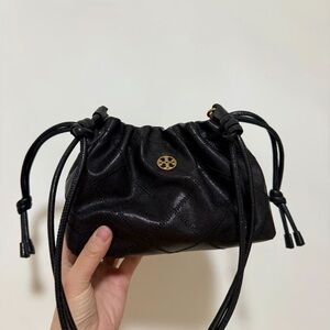 Black Quilted Leather Drawstring Shoulder Bag Crossbody Bag